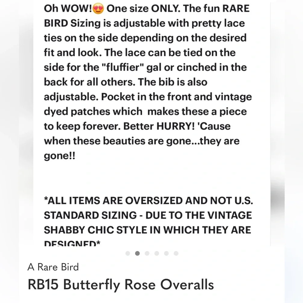 A RARE BIRD BUTTERFLY ROSE OVERALLS NWT sz OS - Picture 11 of 11